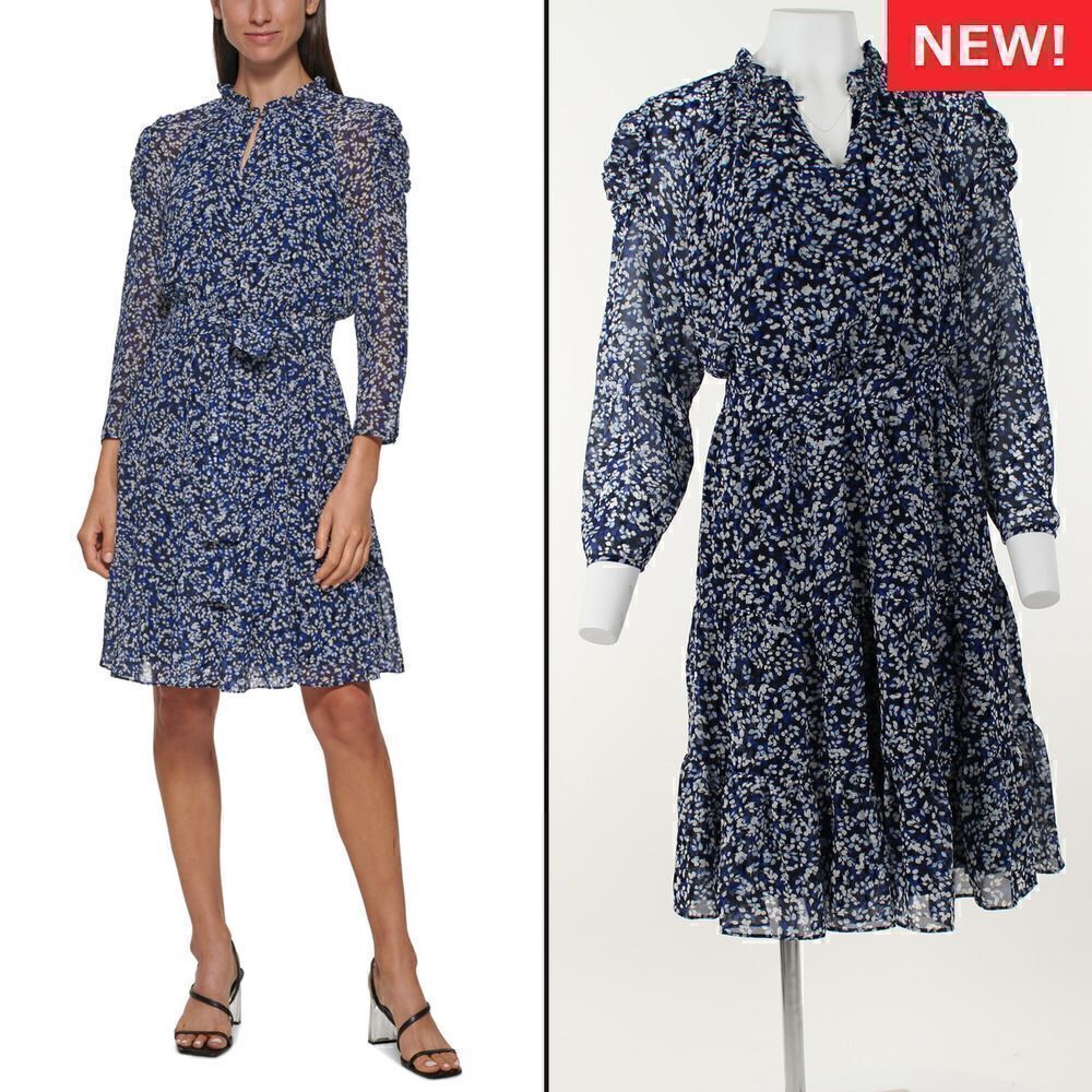 Womens Calvin Klein Long Sleeve Ditsy Floral a-Line Chiffon Dress